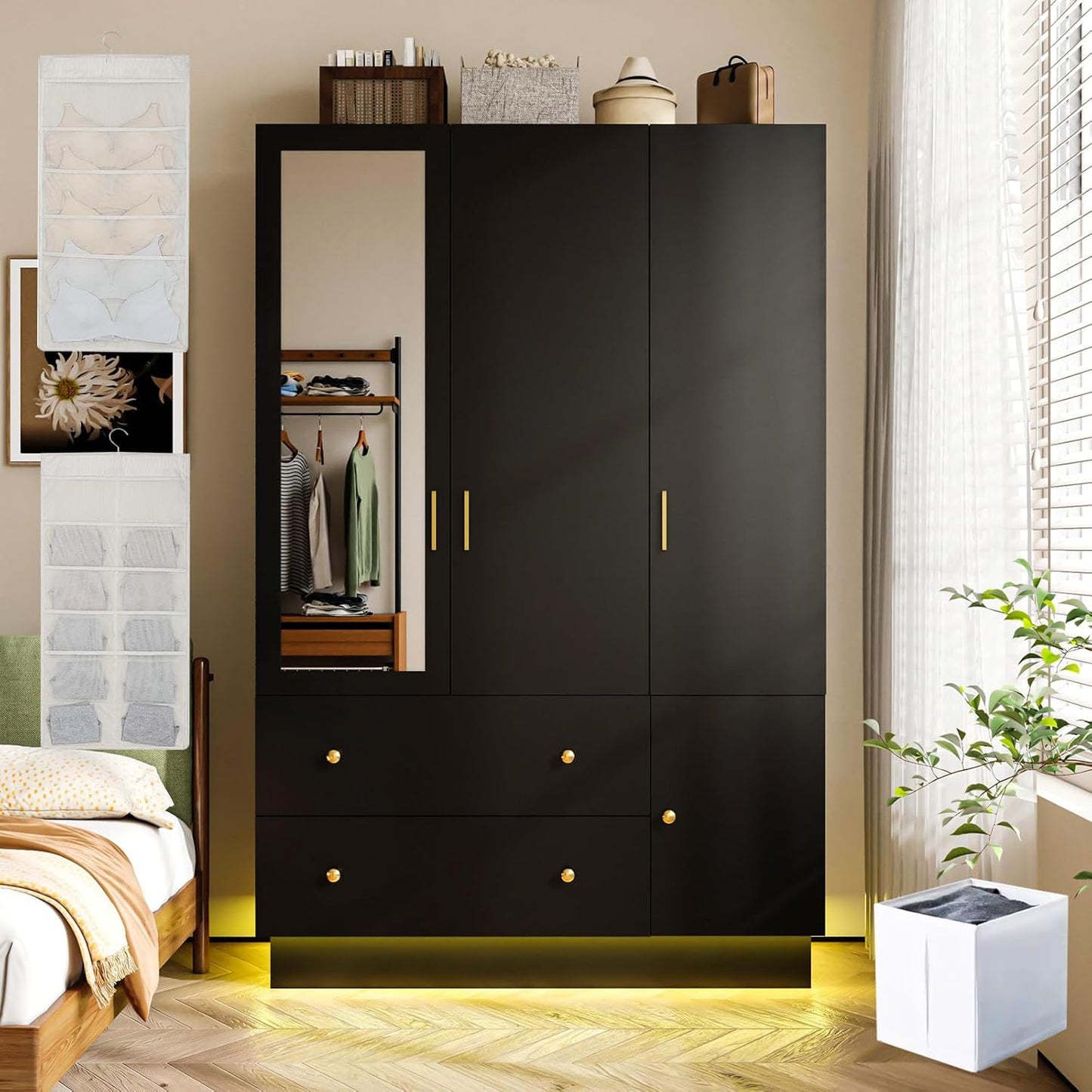 3 Doors Armoire Wardrobe Closet with Mirror & Organizers, LED Wooden Bedroom Armoires with Hanging Rod for Bedroom, Black