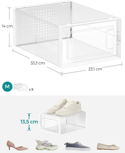 - Shoe Boxes - Pack of 8 Foldable and Stackable Shoe Bins/Organizers, up to Size 44, Clear and White, LSP08SWT