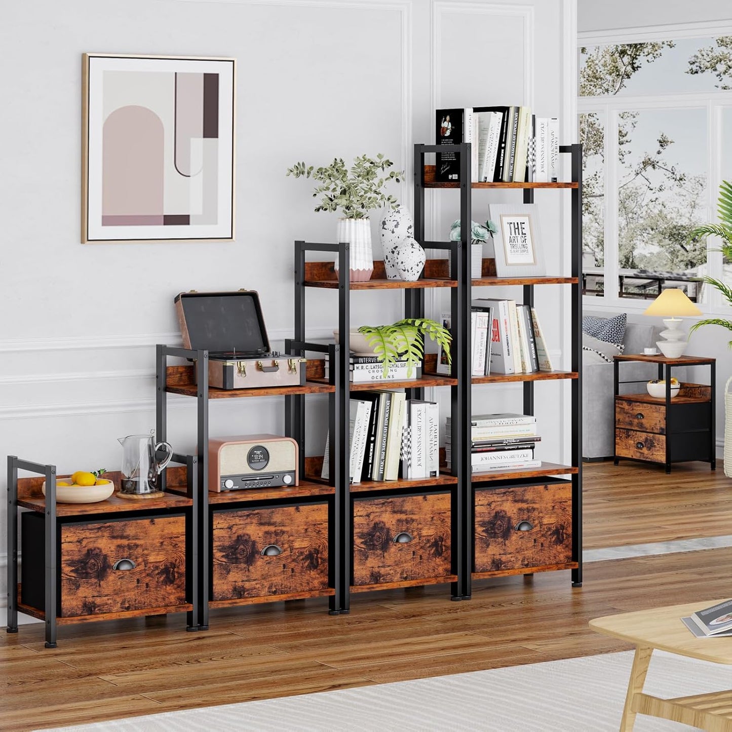 5 Tier Bookshelf with Drawer, Tall Narrow Bookcase with Shelves, Wood and Metal Bookshelves Storage Organizer, Industrial Display Standing Shelf Unit for Bedroom, Living Room, Rustic Brown