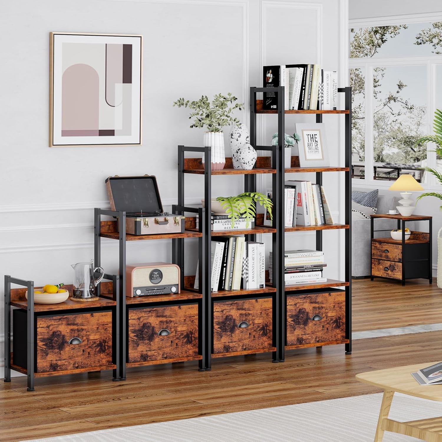 5 Tier Bookshelf with Drawer, Tall Narrow Bookcase with Shelves, Wood and Metal Bookshelves Storage Organizer, Industrial Display Standing Shelf Unit for Bedroom, Living Room, Rustic Brown
