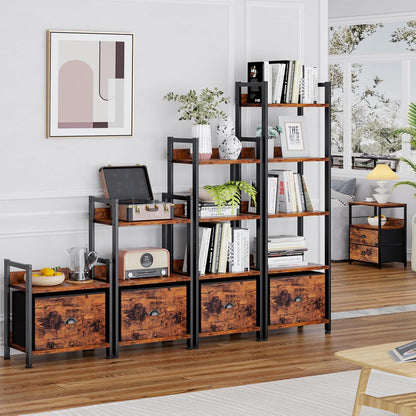 5 Tier Bookshelf with Drawer, Tall Narrow Bookcase with Shelves, Wood and Metal Bookshelves Storage Organizer, Industrial Display Standing Shelf Unit for Bedroom, Living Room, Rustic Brown