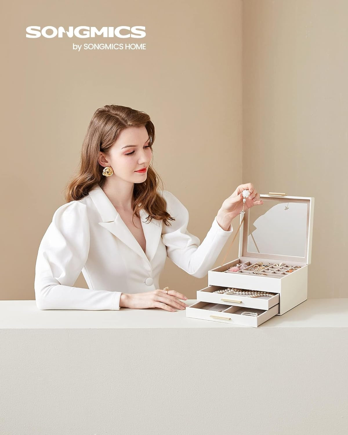 3-Tier Jewelry Organizer with Glass Lid and Square Travel Jewelry Box Bundle, with Drawers, Mirror, PU, Modern, Gift Idea, Cloud White UJBC239WT and UJBC179W01