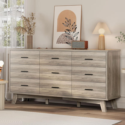 Dresser for Bedroom, 9 Drawer Wide Modern Chest of Drawers with X-Shaped Sturdy Base, Wood Double Dresser Closet Clothes Storage Organizer, Wooden TV Stand for Living Room, Hallway, Grey