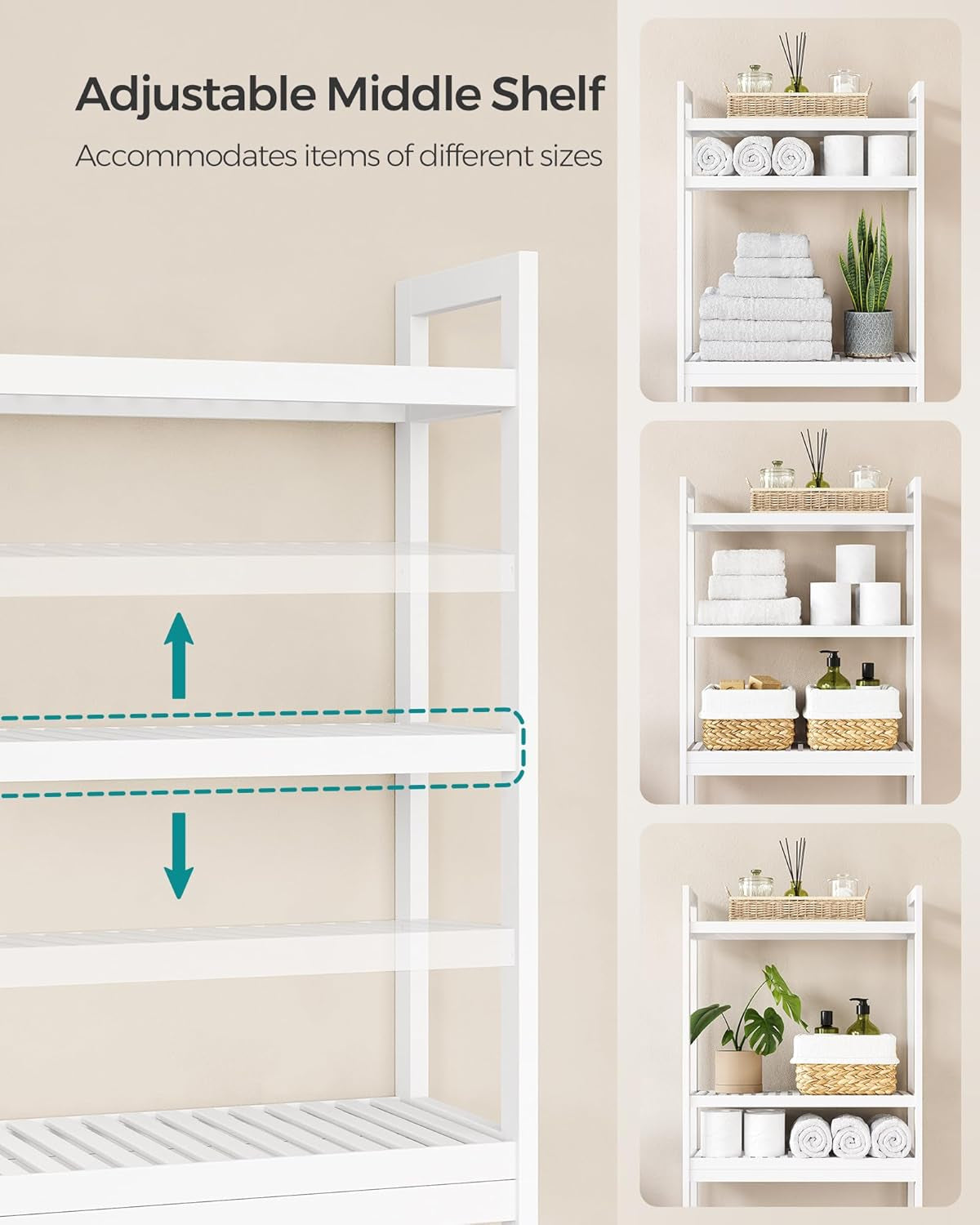over the Toilet Storage, 3-Tier over Toilet Bathroom Organizer with Adjustable Shelf, 10.2 X 24.8 X 66.9 Inches, Space-Saving, Cloud White UBTS01WT