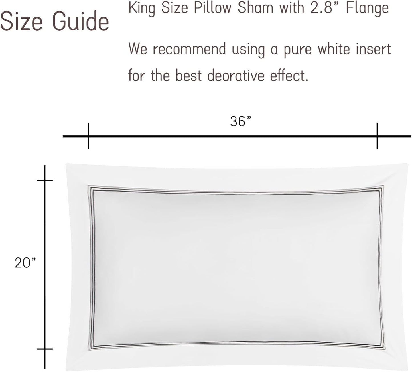 White Pillow Shams King Size Set of 2, 100% Cotton Luxury Hotel 3-Lines Embroidered Pillowcases, 400TC Sateen Weave Decorative Pillow Cases with Envelope Closure for Bedding, 20X36 Inches