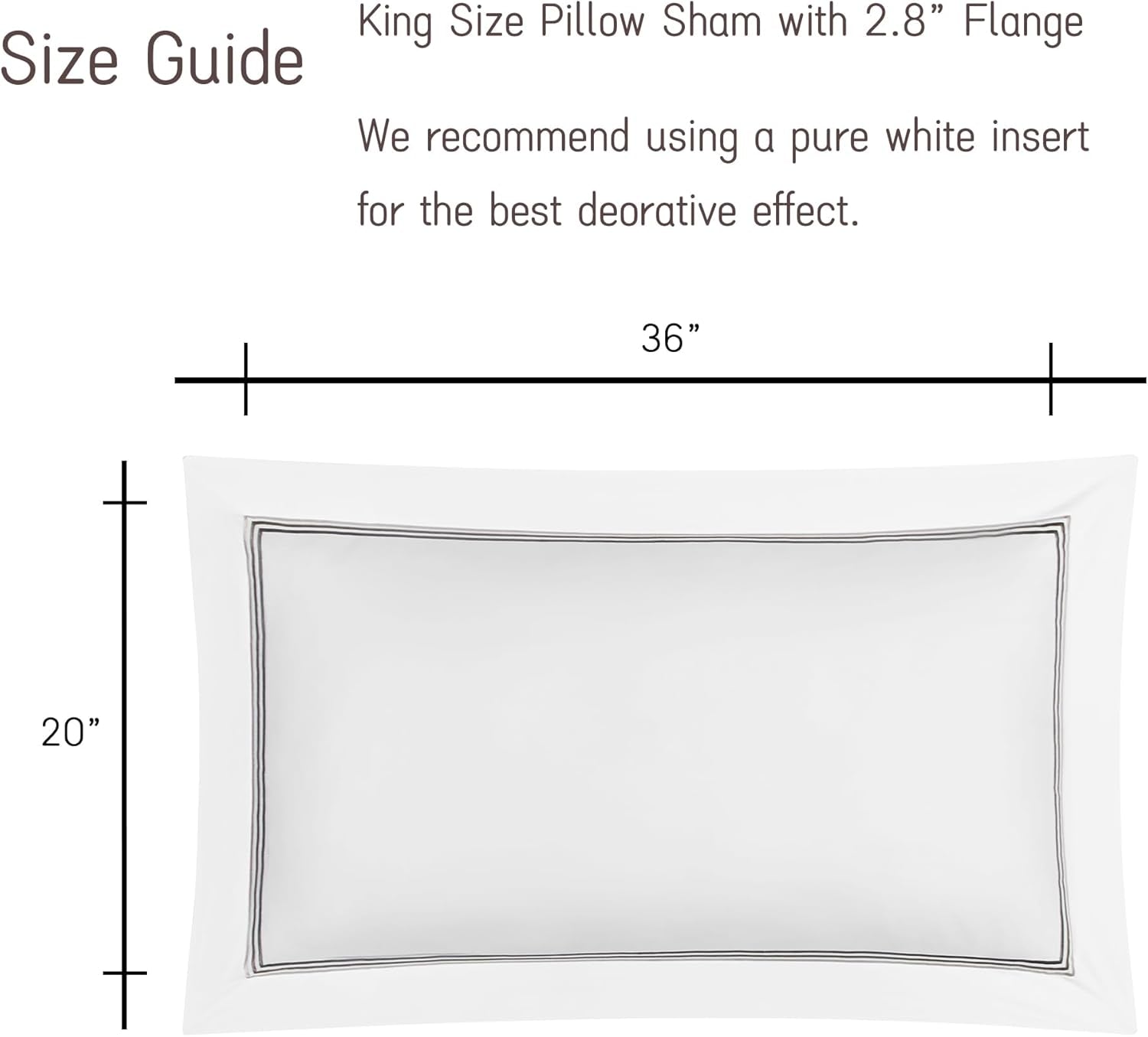 White Pillow Shams King Size Set of 2, 100% Cotton Luxury Hotel 3-Lines Embroidered Pillowcases, 400TC Sateen Weave Decorative Pillow Cases with Envelope Closure for Bedding, 20X36 Inches