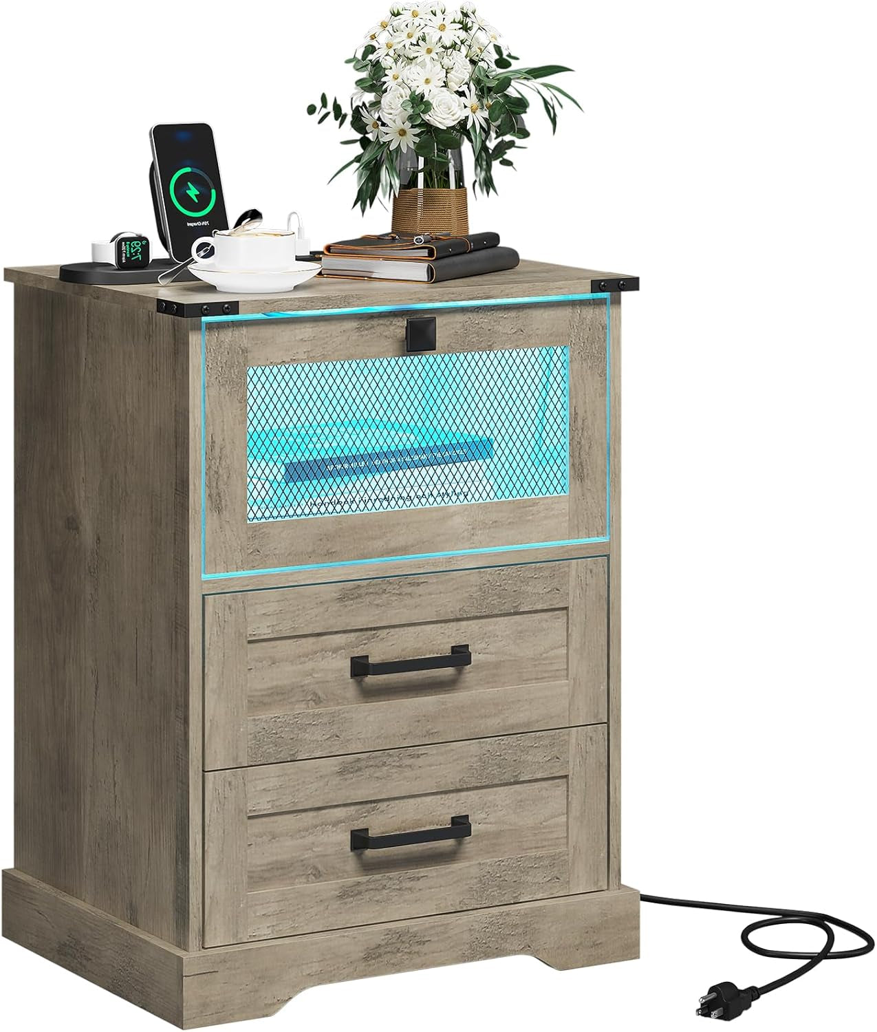 Farmhouse Night Stand with LED Lights and Charging Station, Rustic Oak Nightstand with 2 Drawers, and Cubby with Wire Mesh Door, Bedside End Table for Bedroom
