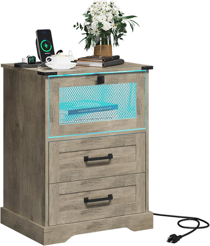 Farmhouse Night Stand with LED Lights and Charging Station, Rustic Oak Nightstand with 2 Drawers, and Cubby with Wire Mesh Door, Bedside End Table for Bedroom