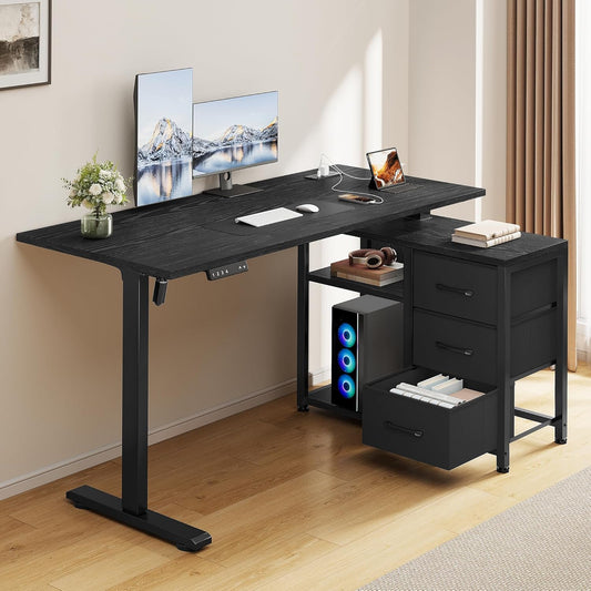 47 Inch L Shaped Standing Desk with 3 Drawers Electric Standing Desk with Storage Computer Game Desk Adjustable Height Desk with Power Outlets 4 Memory Presets for Home Office, Black
