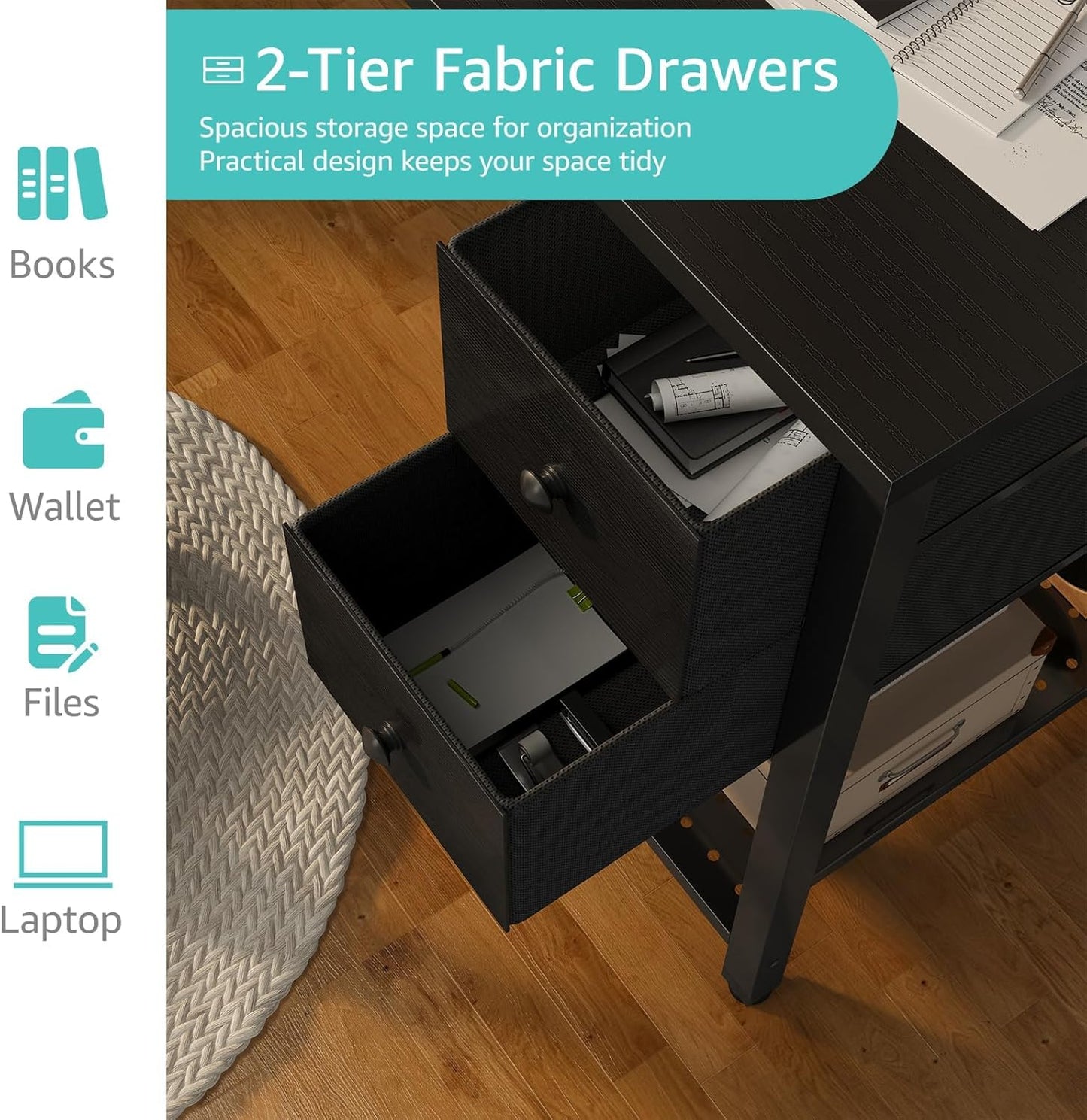 Computer Desk with Fabric Drawers, 40 Inch Reversible Gaming Desk for Small Space Home Office, Modern Simple Study Writing Table PC Desks for Bedroom, Black