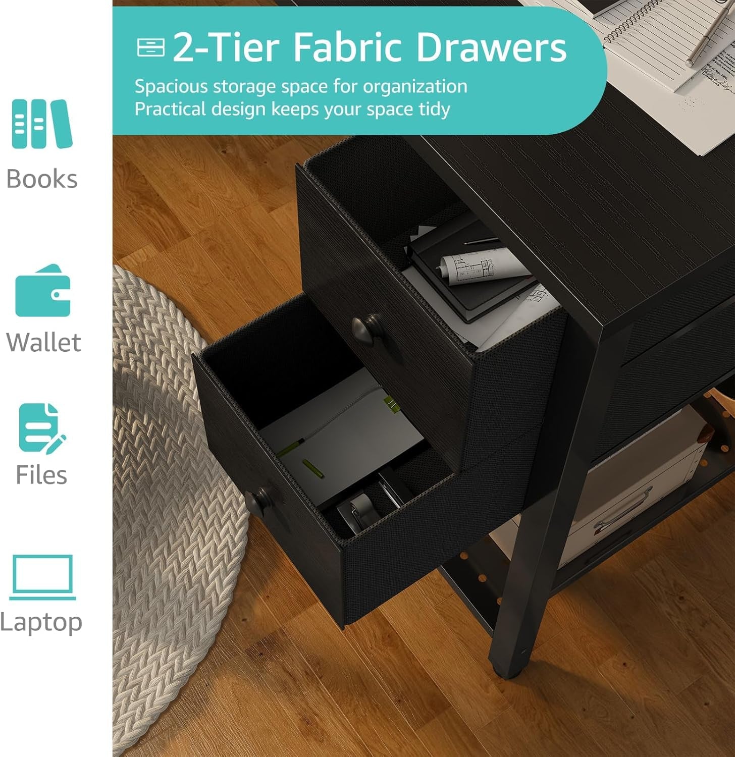 Computer Desk with Fabric Drawers, 40 Inch Reversible Gaming Desk for Small Space Home Office, Modern Simple Study Writing Table PC Desks for Bedroom, Black