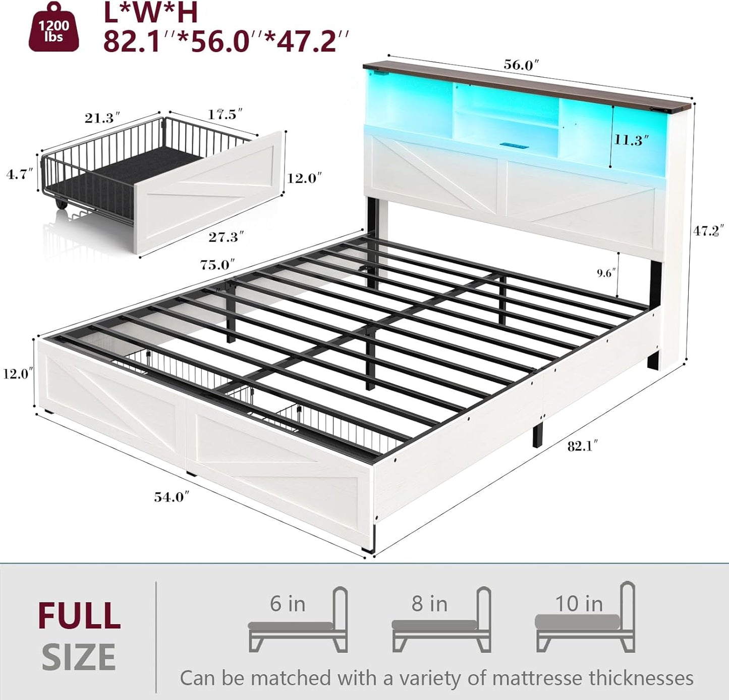 Full Size Bed Frame with Bookshelf, High Headboard with Charging Station and LED Light, Farmhouse Bed with Storage Drawers, No Box Spring Needed, Noise Free, Easy Assembly, Antique White