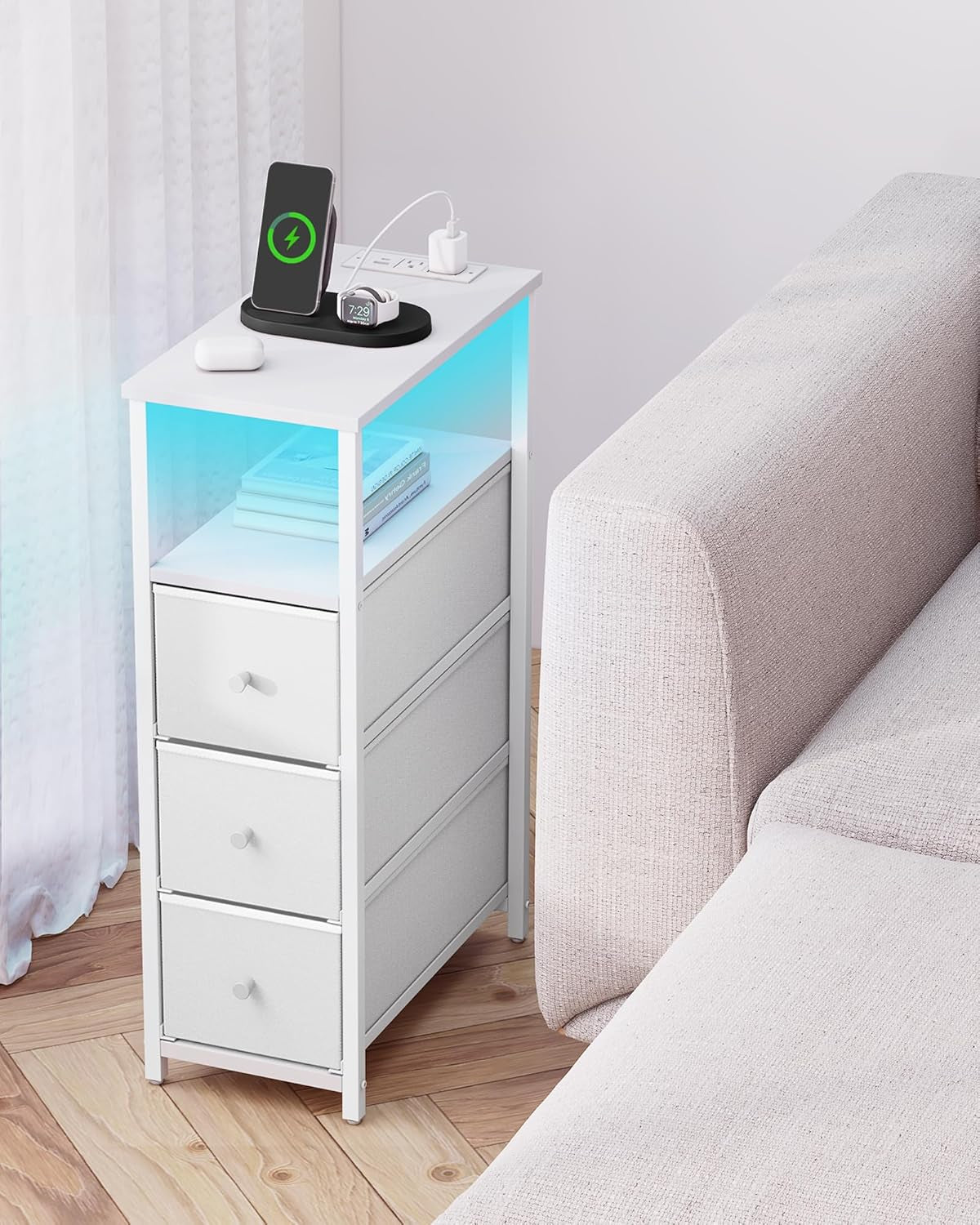 Narrow LED Night Stand with Charging Station, Slim End Table with Plugins, Tall Side Table with 3 Fabric Drawer, Small Bedside Table with Storage, for Living Room, White TB01BW086L