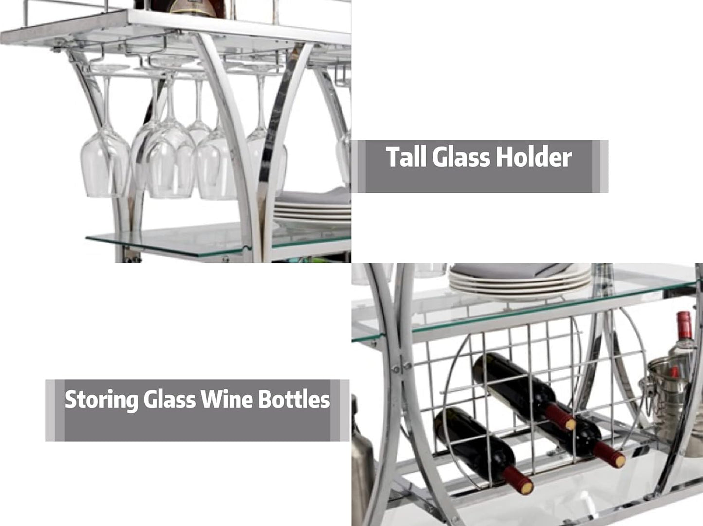 Silver Bar Carts with Glass Holders & Wine Rack,3 Tier Home Bar Serving Carts with Glass Shelves,Metal Rolling Bar Carts for the Home Kitchen, Party