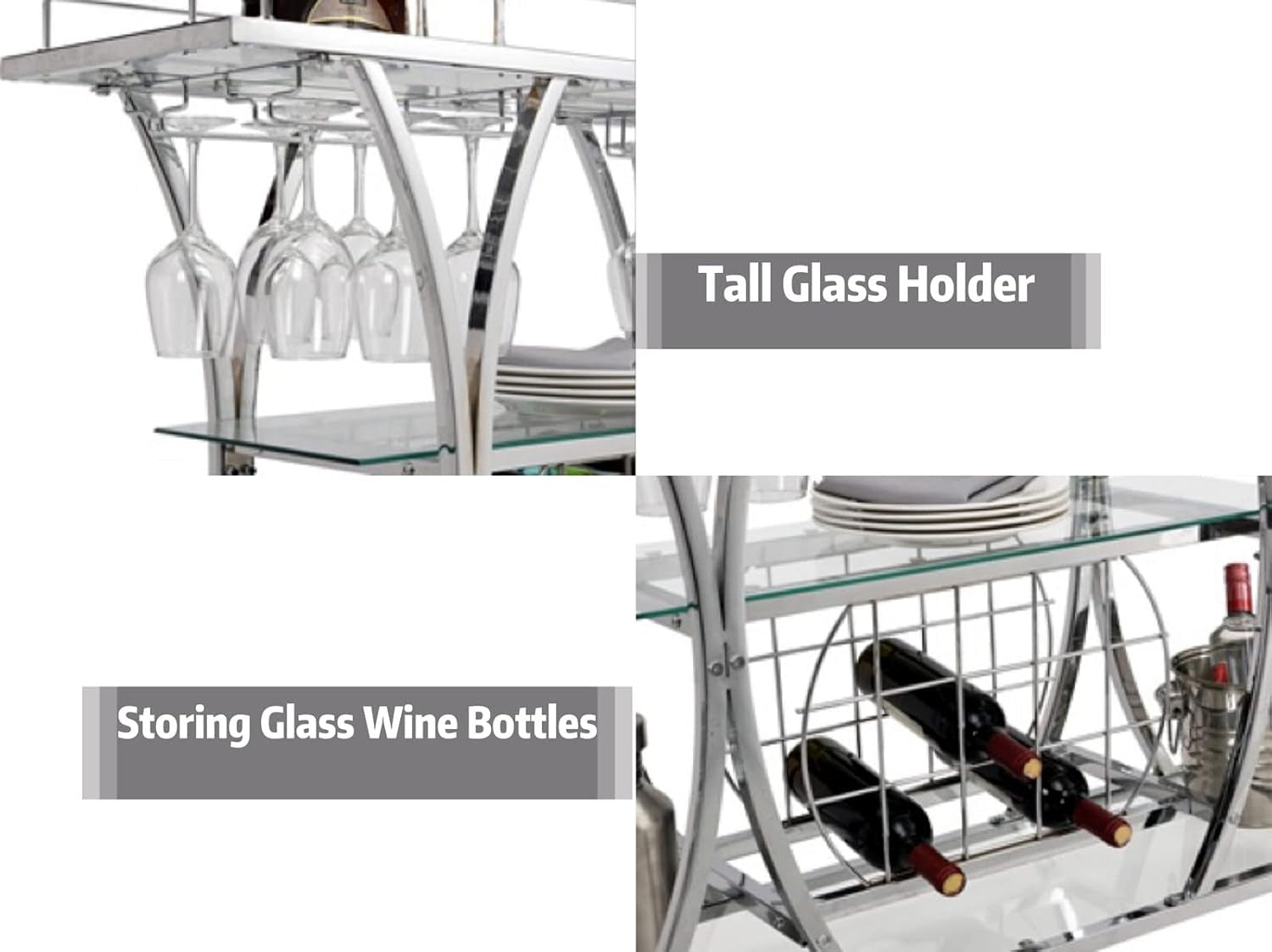 Silver Bar Carts with Glass Holders & Wine Rack,3 Tier Home Bar Serving Carts with Glass Shelves,Metal Rolling Bar Carts for the Home Kitchen, Party