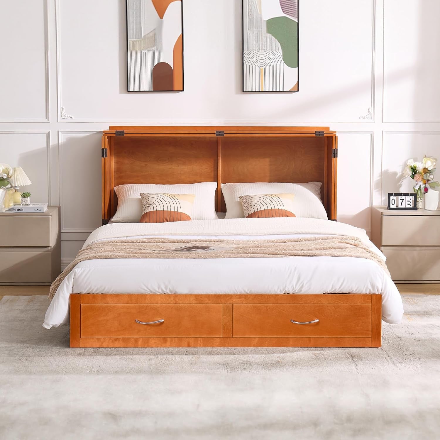 Queen Murphy Bed with Mattress Included, Murphy Bed Cabinet with Drawers and Charging Station for Small Spaces, Home Offices (Circular Pattern, Cherry)