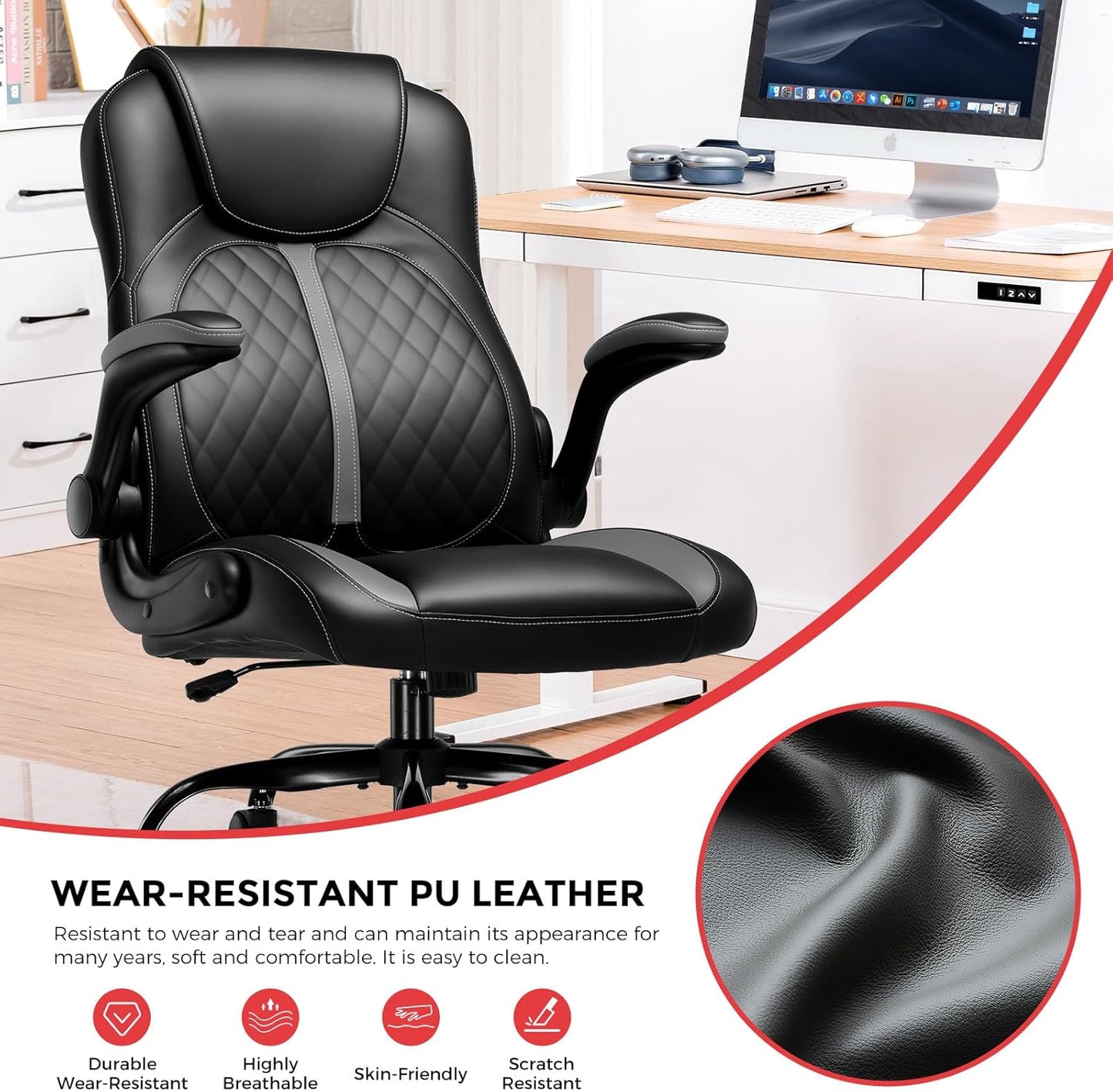 Office Computer Gaming Chair Ergonomic Desk Chair for Adults with Lumbar Support Flip-Up Arms Adjustable Height Swivel Wheels PU Leather Executive Design for Short People Use, Gray