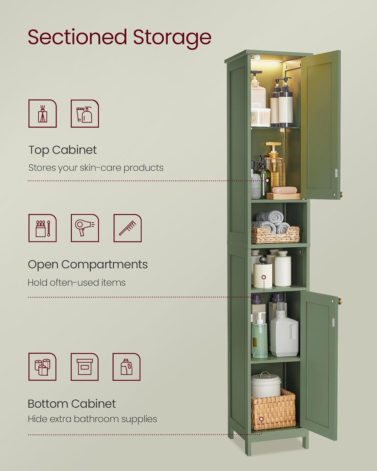 Tall Bathroom Cabinet with Lights, Slim Freestanding Bathroom Storage Cabinet with Adjustable Shelves, for Small Spaces, Modern, 11.8 Inches Wide, Dove Gray UBBC566G02