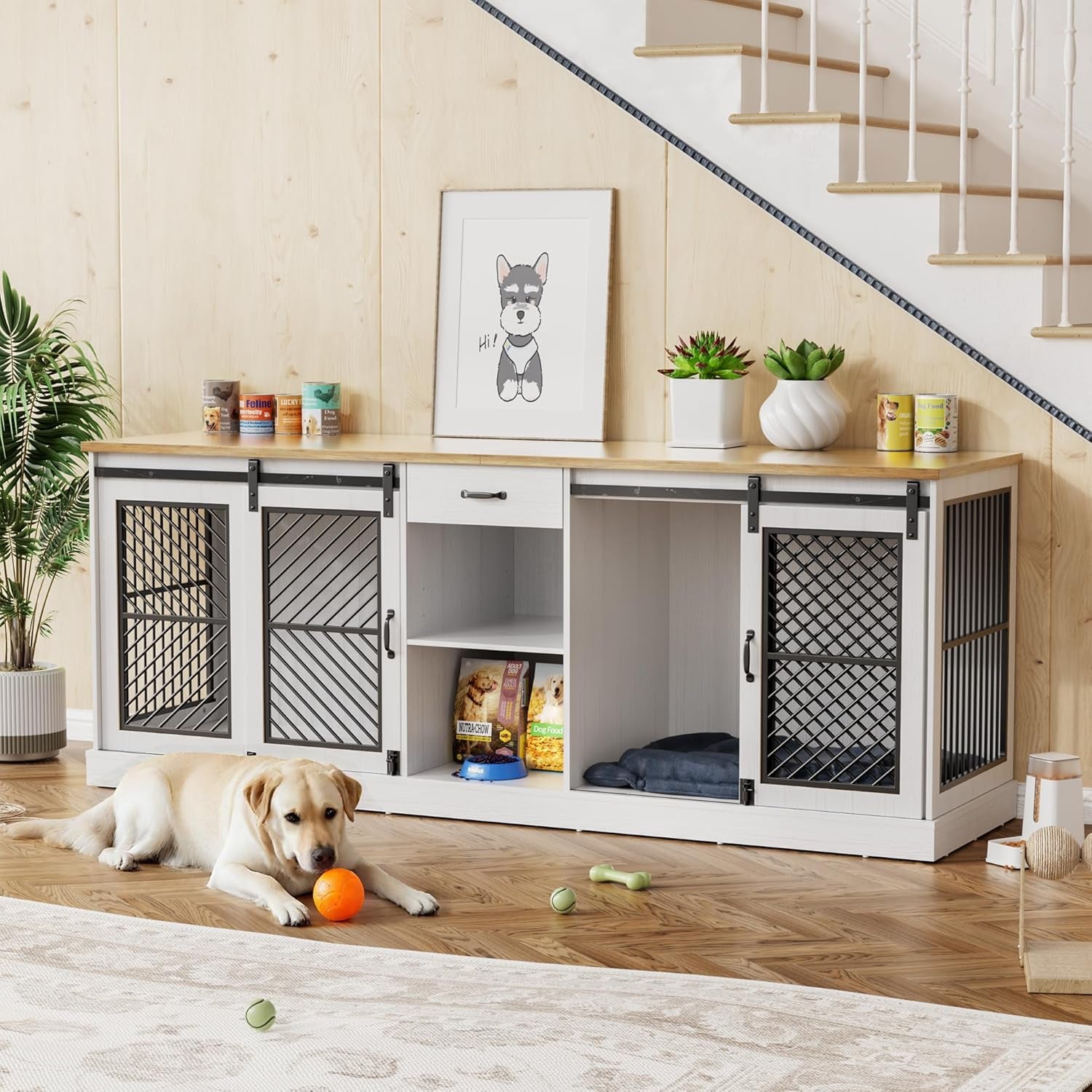 87" Dog Crate Furniture for 2 Dogs,Wooden Dog Kennel Indoor with Double Doors,Escape-Proof and Chew-Proof Heavy Duty Dog House TV Stand,White