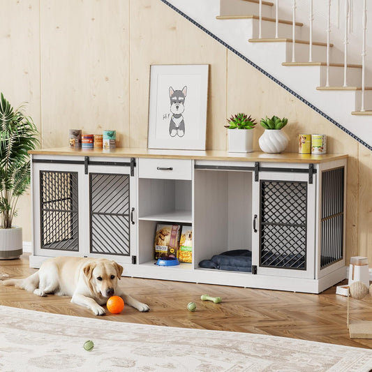 87" Dog Crate Furniture for 2 Dogs,Wooden Dog Kennel Indoor with Double Doors,Escape-Proof and Chew-Proof Heavy Duty Dog House TV Stand,White