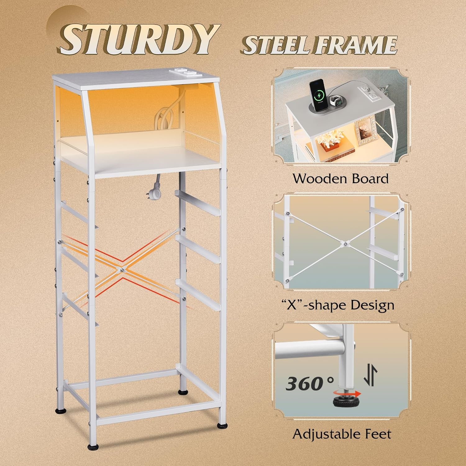 Night Stand with Charger Station, White Nightstand with LED Light and 4 Storage Drawers, Tall Dresser for Bedroom, 37.48" H Bedside Table with Fabric Bins, Wood Shelf