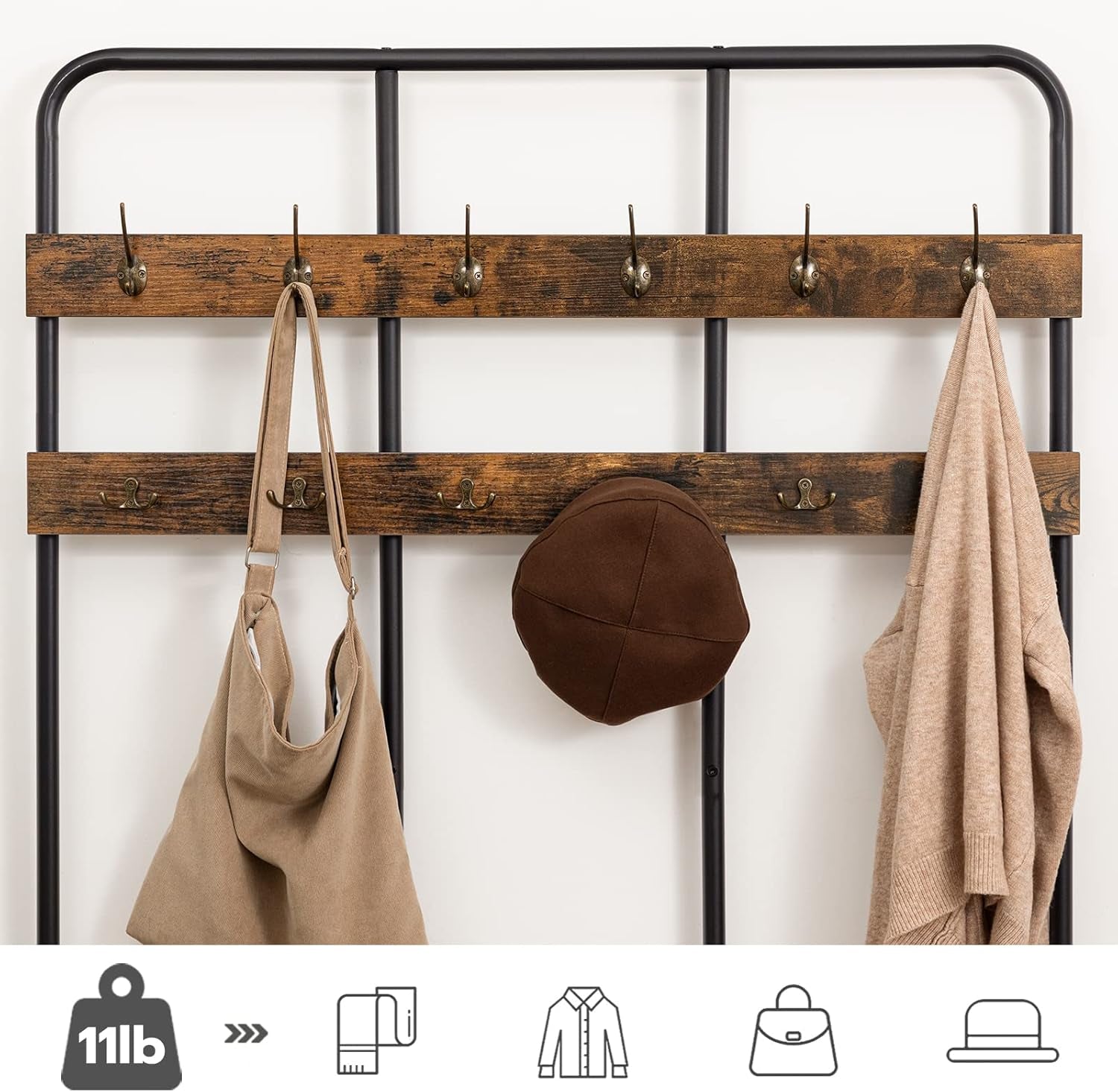 Hall Tree with Bench, Entryway Bench with Coat Rack, Mud Room Rack with 12 Double Hooks and Shoe Storage, Coat Tree, Shoe Rack Organizer, for Foyer, Front Door, Rustic Brown BF05MT01