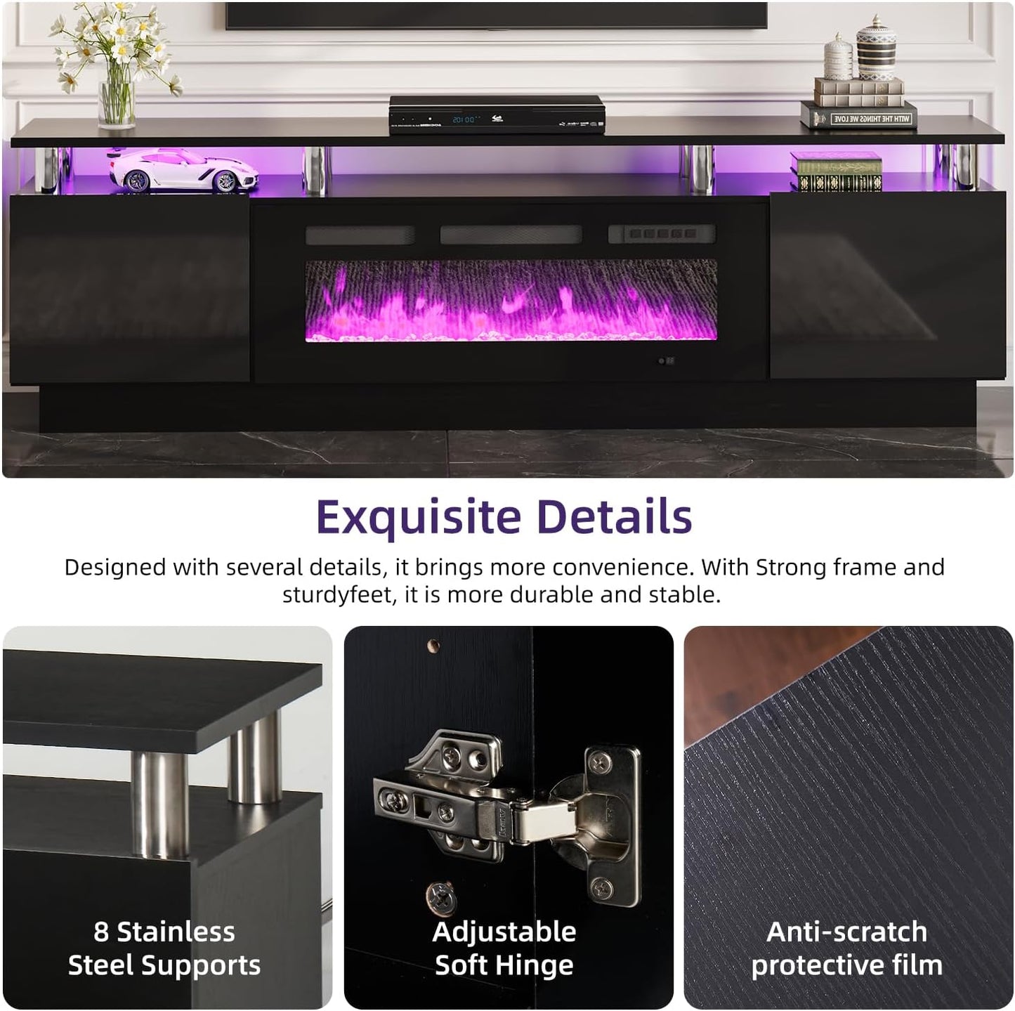 2 Tier TV Console Stand with 36" Electric Fireplace, LED Light Entertainment Center for Tvs up to 80" for the Living Room, 70", Black
