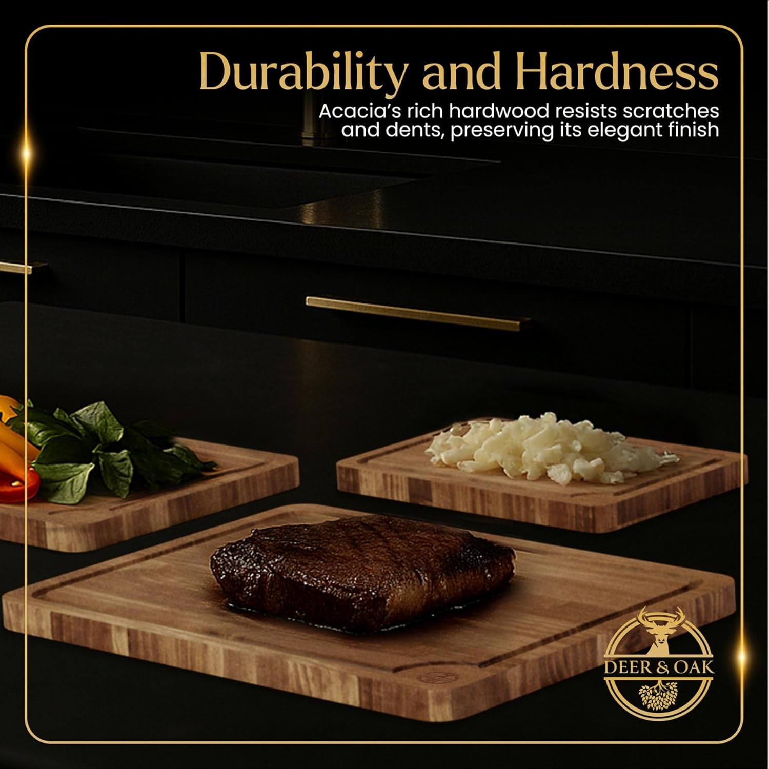 Pre-Oiled, Non Toxic 3-Piece Acacia Cutting Board Set with Stand, FSC Certified Wooden Chopping Boards with Juice Grooves for Meat. 3 Size Wood Carving Boards for Home & BBQ Kitchens by