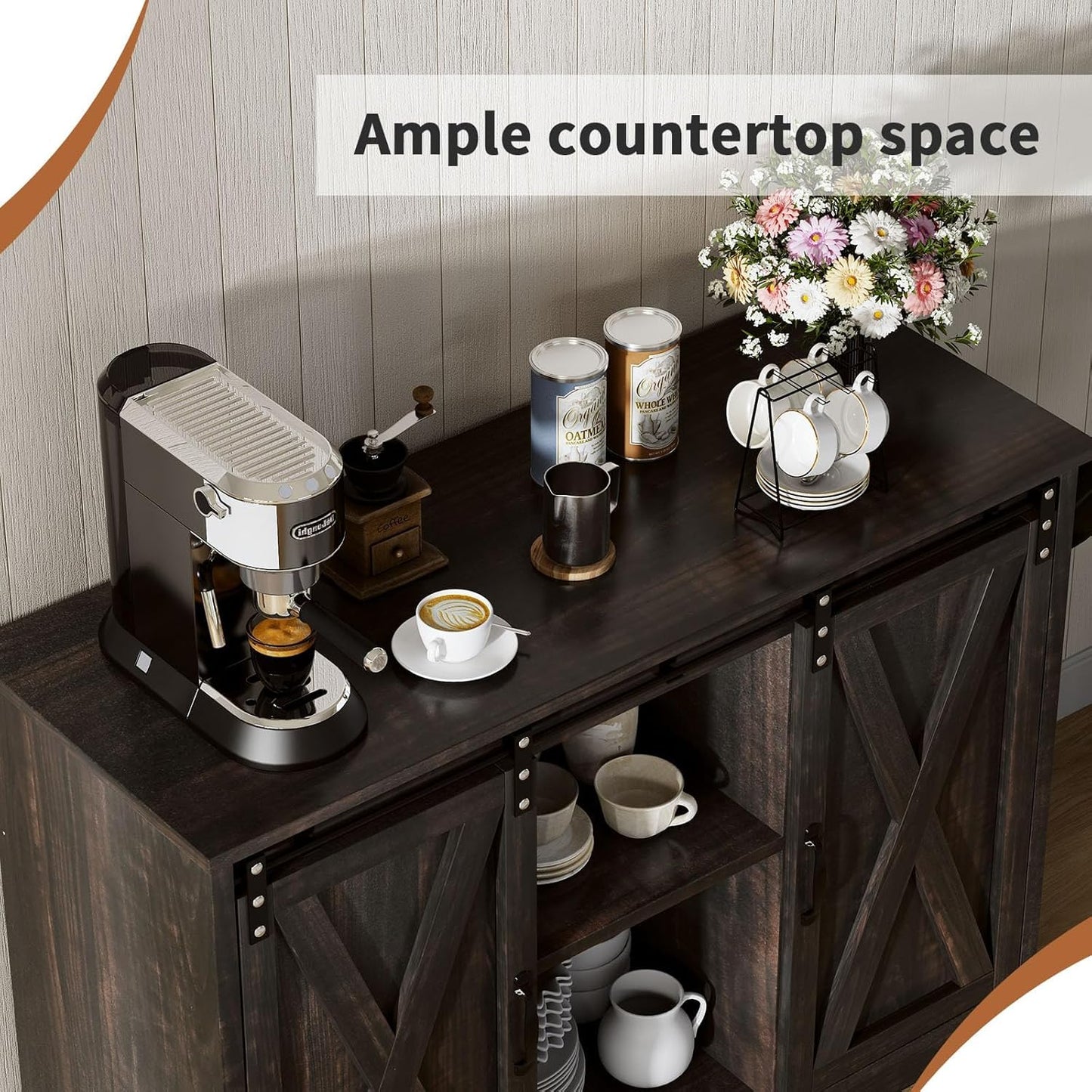 Coffee Bar Cabinet with Sliding Barn Doors, 42” Sideboard Buffet Cabinet with Storage, Farmhouse Coffee Bar Station Table Liquor Wine Bar with Shelves for Kitchen, Espresso