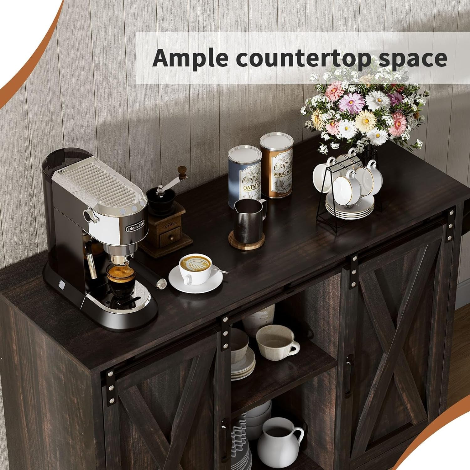 Coffee Bar Cabinet with Sliding Barn Doors, 42” Sideboard Buffet Cabinet with Storage, Farmhouse Coffee Bar Station Table Liquor Wine Bar with Shelves for Kitchen, Espresso