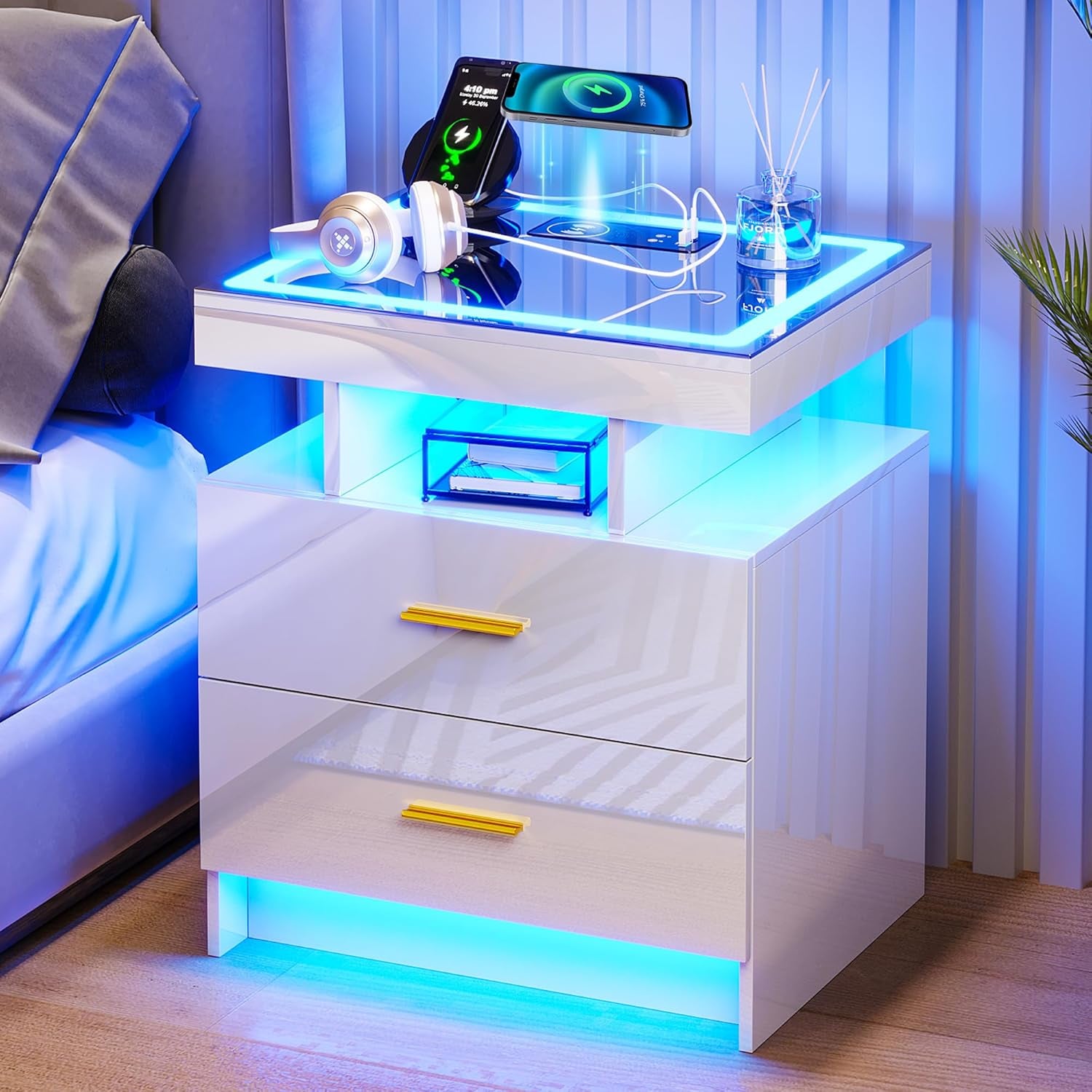 Auto LED Nightstand Set of 2, White Night Stand with Charging Station & USB Ports, High Gloss Bedside Table Has 2 Drawers,Modern End Side Table for Bedroom (White)