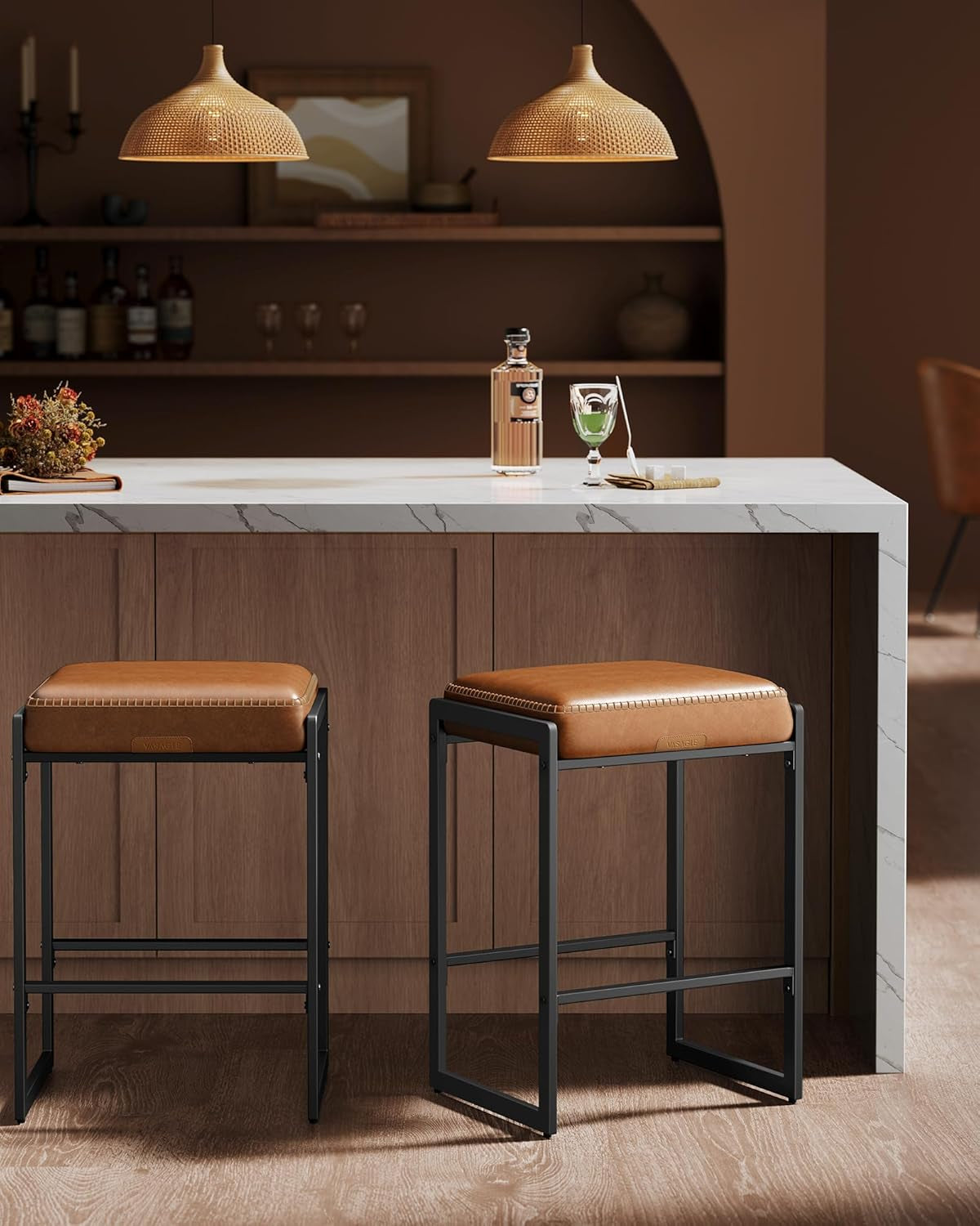 EKHO Collection - Bar Stools Set of 3, Counter Height Bar Stools, Synthetic Leather with Stitching, Mid-Century Modern Counter Stools, 26-Inch Tall, Kichen Home Bar Dining Room, Caramel Brown