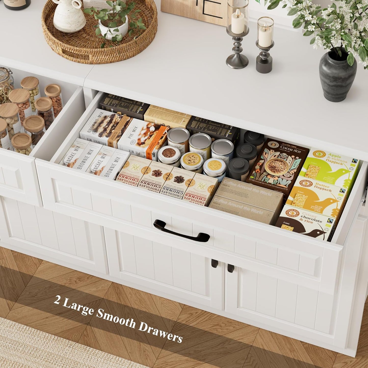 63" Large Sideboard Buffet Cabinet with Storage, Modern Coffee Bar Cabinets with Drawers, Long Kitchen Sideboard Buffets Table for Living Room, Wide Wood Kitchen Buffet Storage Cabinet, White