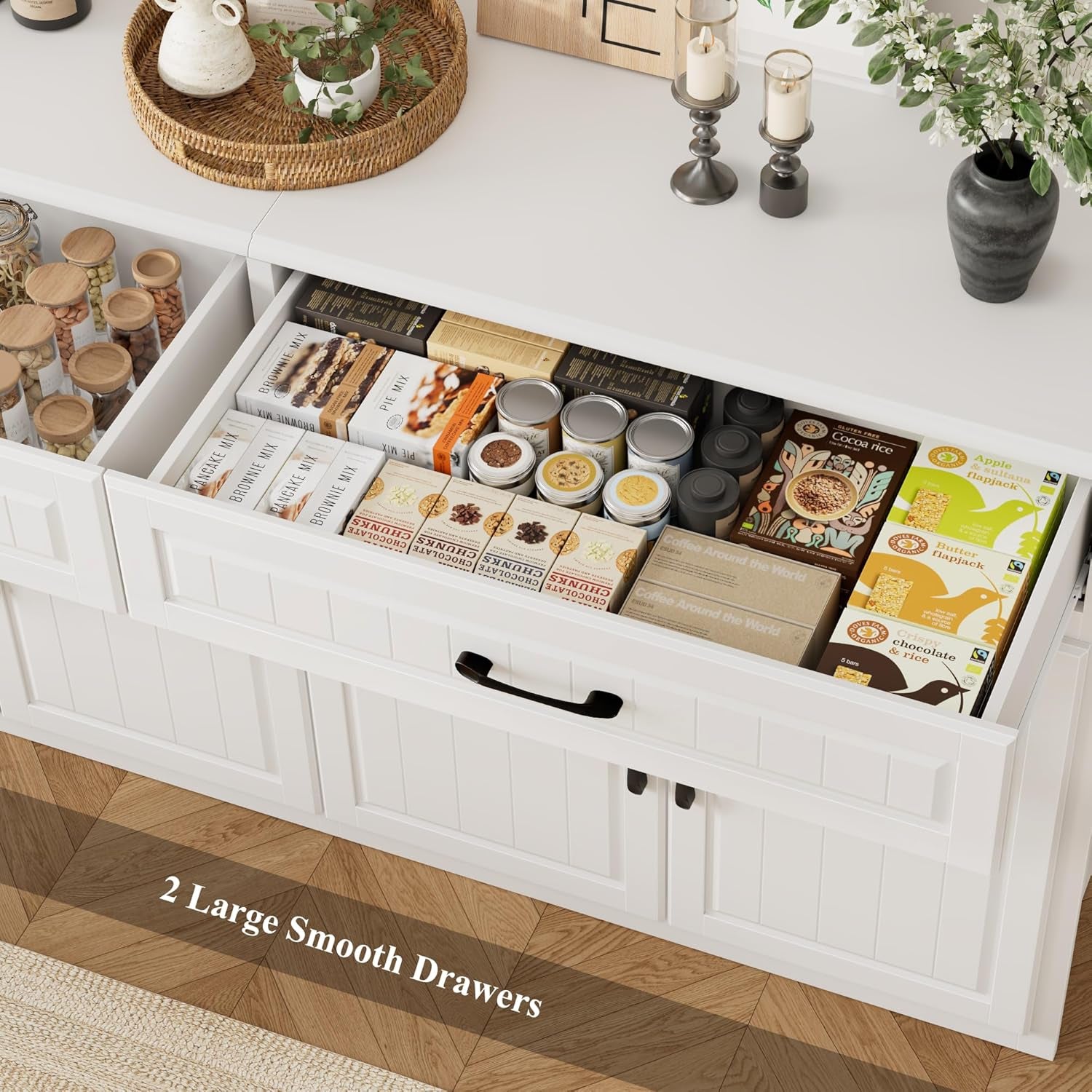 63" Large Sideboard Buffet Cabinet with Storage, Modern Coffee Bar Cabinets with Drawers, Long Kitchen Sideboard Buffets Table for Living Room, Wide Wood Kitchen Buffet Storage Cabinet, White