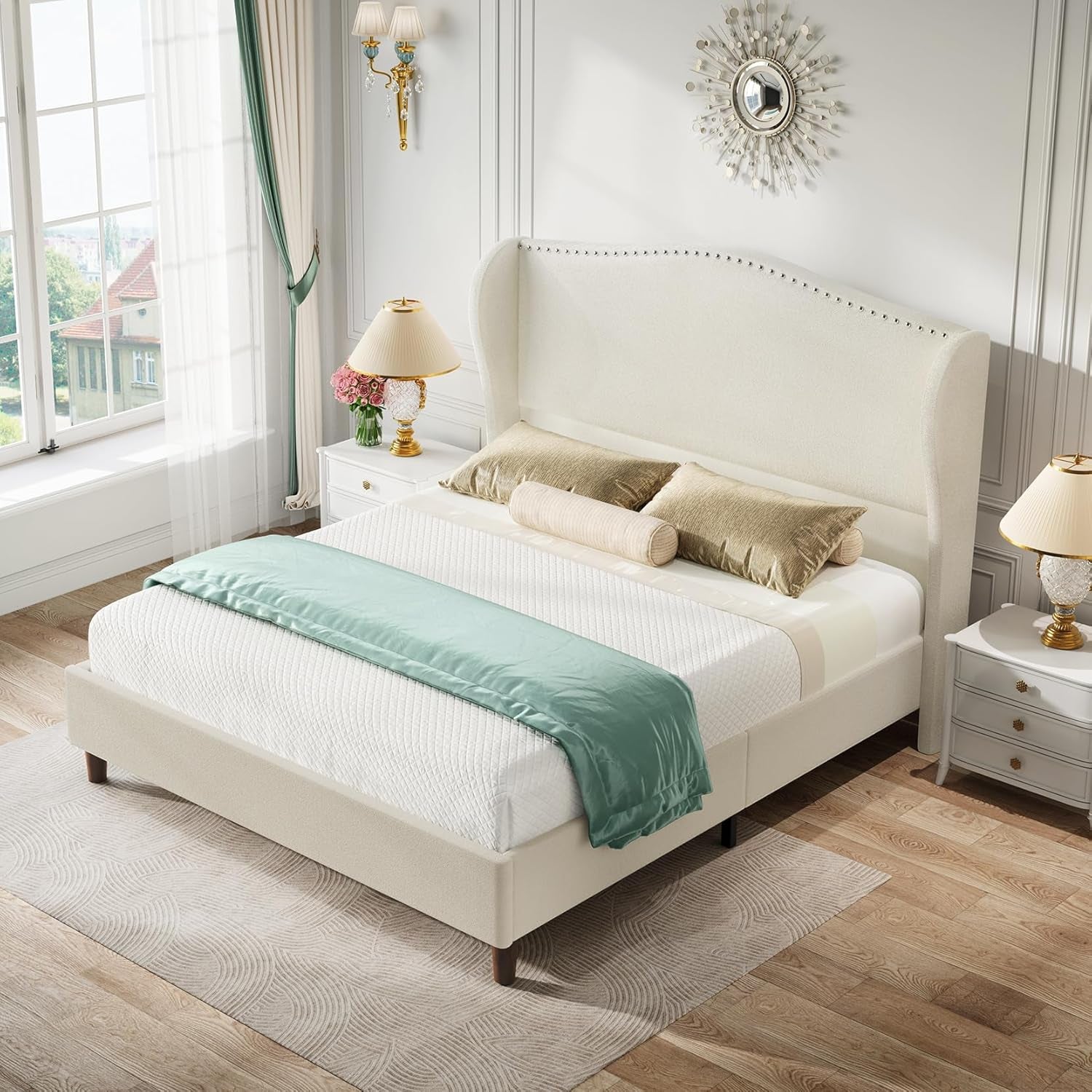 Queen Size Chenille Bed Frame with 52" Tall Headboard, Upholstered Platform Bed with Nailhead Trim Headboard Wingback, No Box Spring Needed, Wood Slats Support, Easy Assembly, Beige
