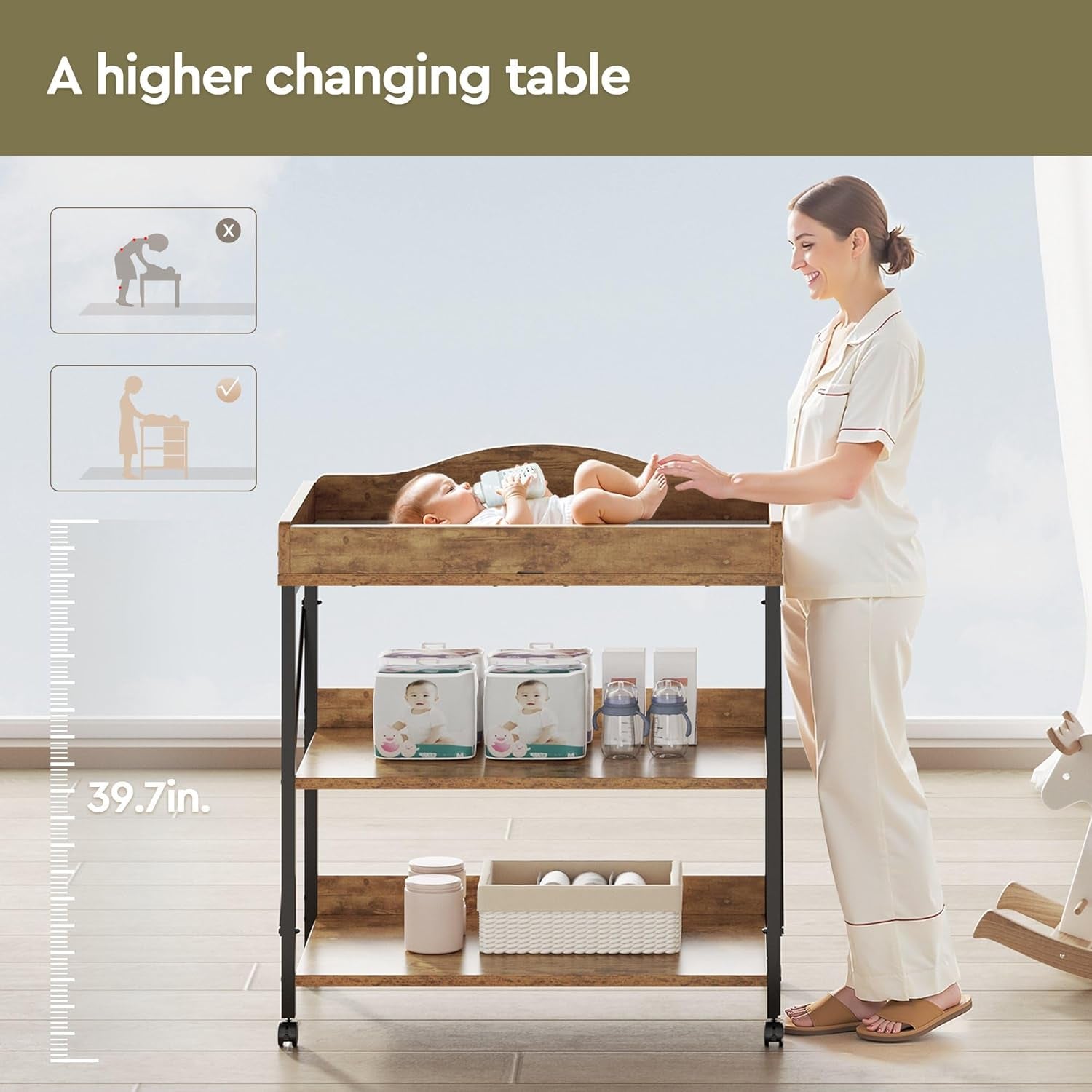 Baby Changing Table, Diaper Changing Station with Pad and Wheels, Two-Tier Open Storage Shelves, Waterproof Diaper Pad & Safety Strap,Compact Baby Furniture for Nursery, Rustic Brown