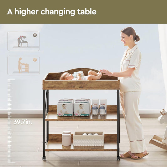 Baby Changing Table, Diaper Changing Station with Pad and Wheels, Two-Tier Open Storage Shelves, Waterproof Diaper Pad & Safety Strap,Compact Baby Furniture for Nursery, Rustic Brown
