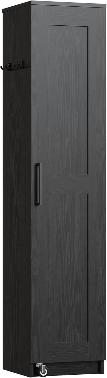 Narrow Kitchen Pantry Storage Cabinet, 72" Slim Single Door with 6 Adjustable Shelves, Door Rack and Wheels, Space Saving Freestanding Storage Floor Cabinet for Small Place, Black