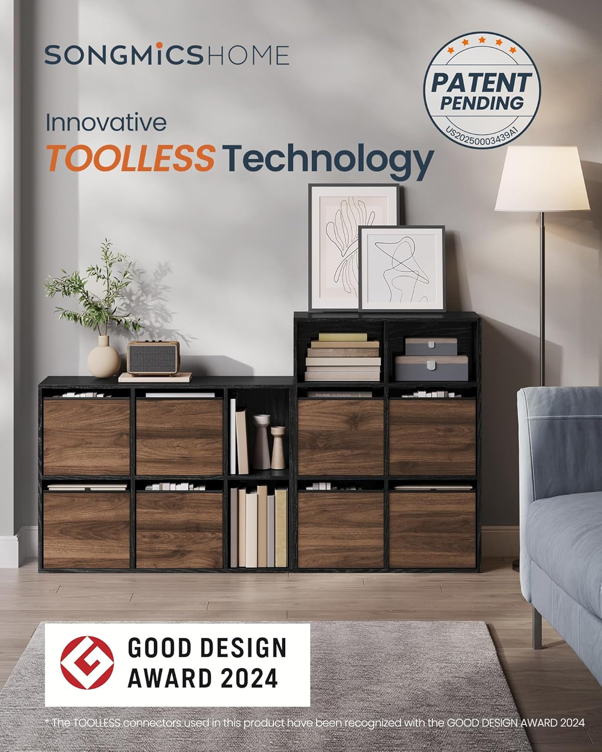 HOME Bookshelf, Superfast Toolless Assembly, Cube Storage Organizer with 6 Compartments, Bookcase, 4 Fabric Drawers, 10.6 X 32.7 X 24.3 Inches, Natural Walnut and Ebony Black ULBC196B01