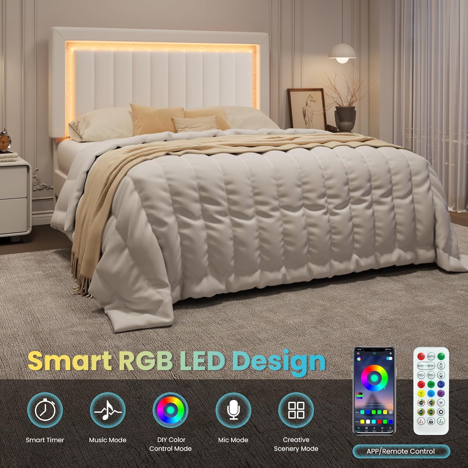 Full Size Velvet Bed Frame with LED Light, Adjustable Vertical Channel Tufted Headboard, Strong Wooden Slats Support, Noise-Free, No Box Spring Needed, White