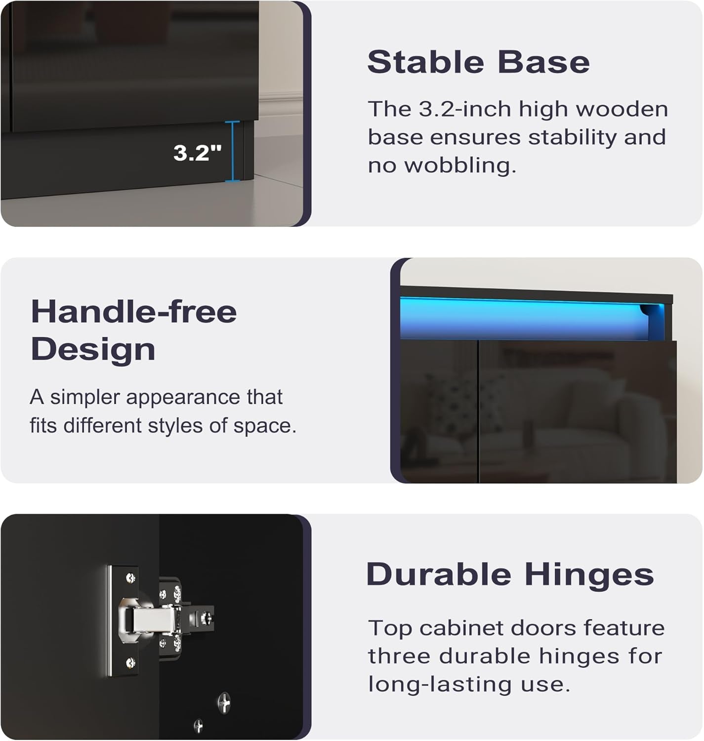 51" W Buffet Cabinet with 4 Doors, High Gloss Sideboard Coffee Bar with LED Lights & Charging Station, Handless Modern Sideboard Storage Cabinet for Living Room, Entryway, Black