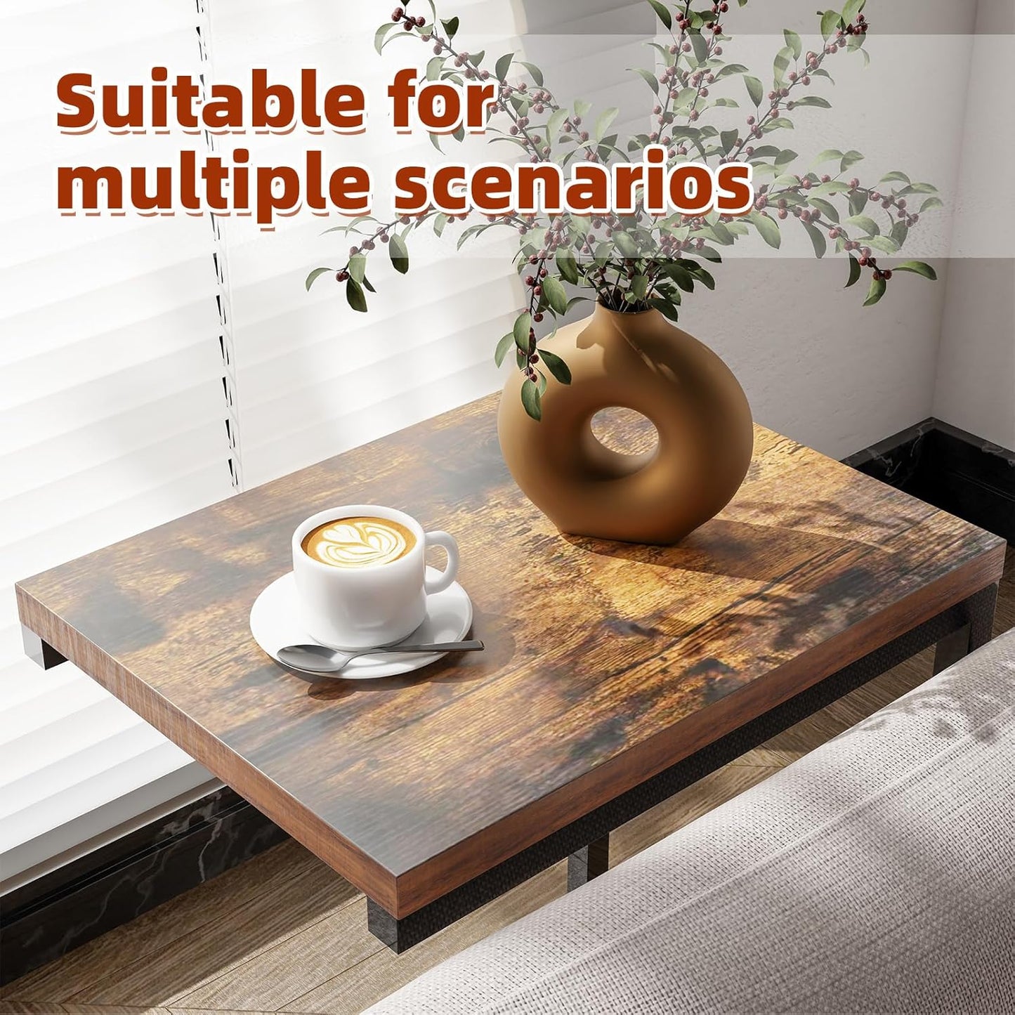 C Shaped End Table for Couch, Small Side Table TV Tray Table with Metal Frame for Living Room, Bedroom, Rustic Brown