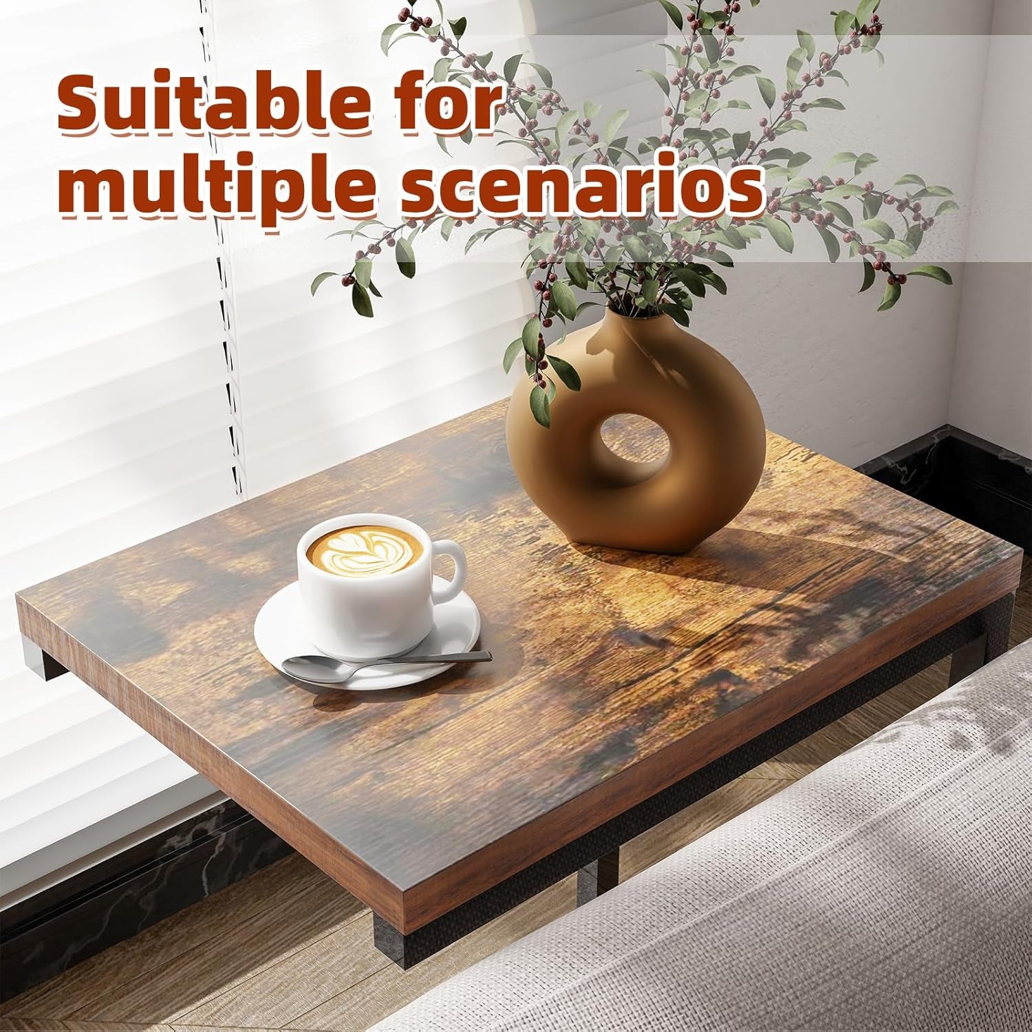 C Shaped End Table for Couch, Small Side Table TV Tray Table with Metal Frame for Living Room, Bedroom, Rustic Brown