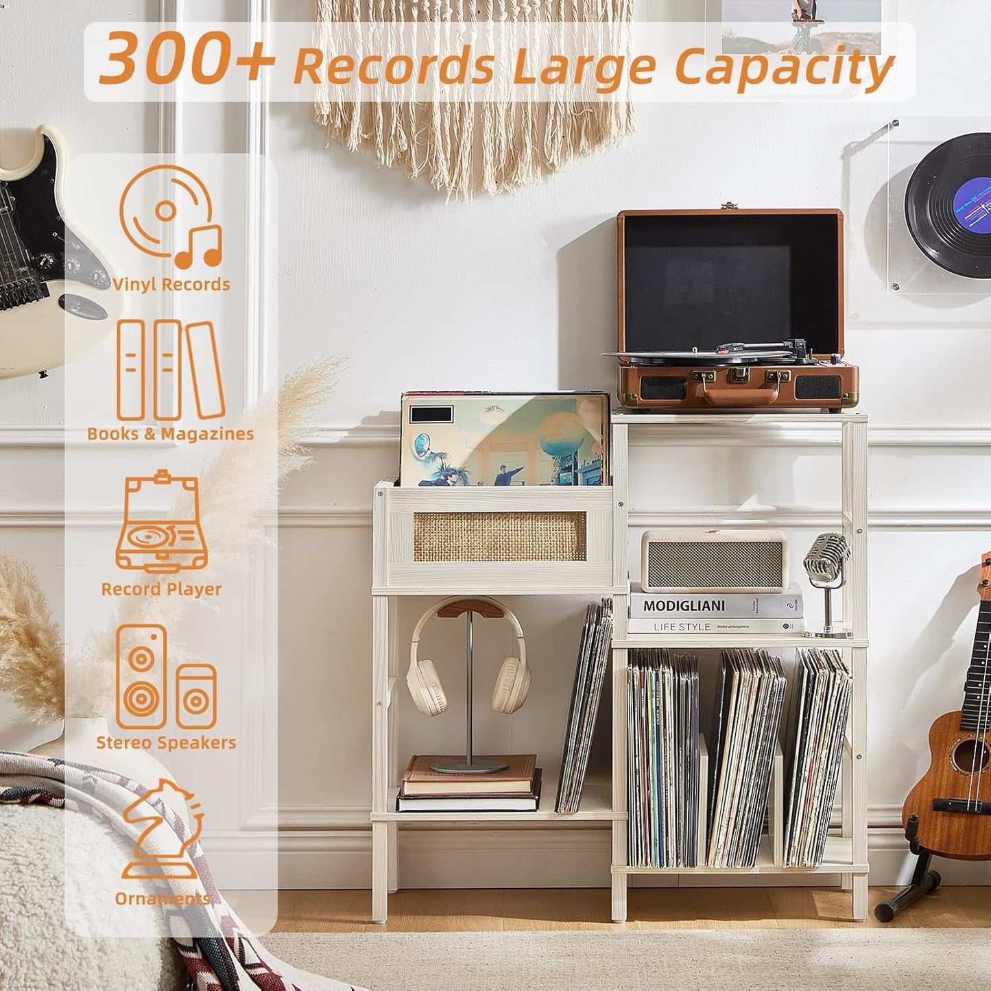Record Player Stand, White Cream Oak Wood Record Holder with Vinyl Storage Holds up to 300+ Albums, 3-Tier Rattan Media Table with Vinyl Display Shelf, Record Storage Cabinet for Living Room