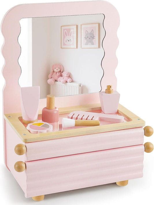 Wooden Kids Vanity Set with Acrylic Display Case, Pretend Play Toddler Makeup Vanity for Girls, Beauty Salon Set with Makeup Accessories, Little Girls Gift Age 3+ (Pink)