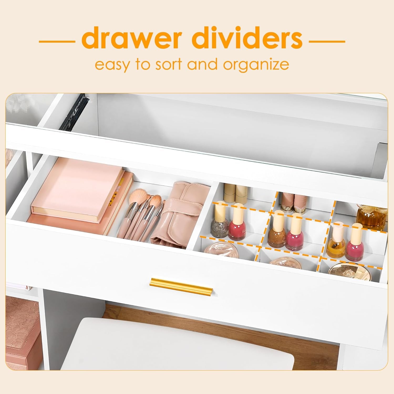 49.2" Large Vanity Desk with Mirror and Lights,White Makeup Vanity Table with Glass Top,Stool,Makeup Desk with Power Outlet,5 Drawers,Nightstand,Dressing Table for Bedroom Women FST34W