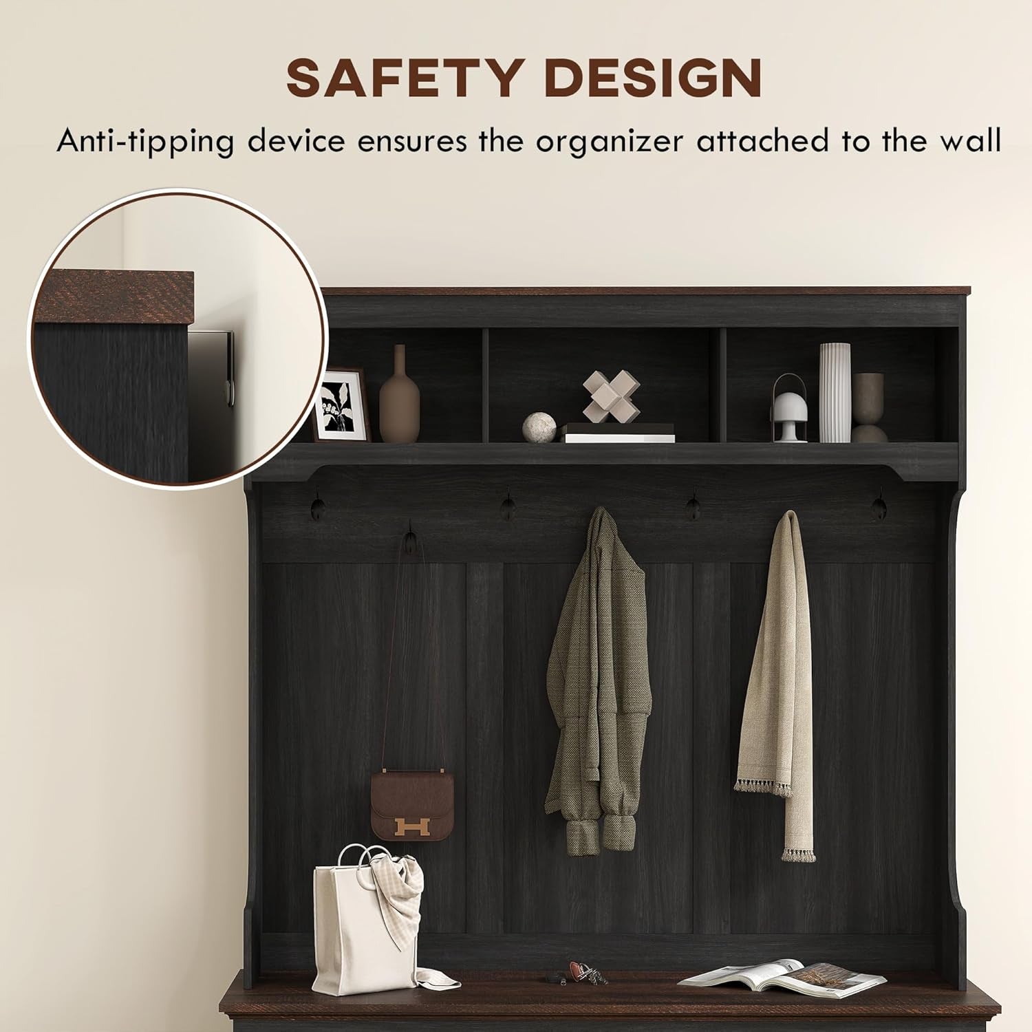 3-In-1 Hall Tree with Storage, Farmhouse Coat Rack with Bench, Standing Shoe Rack with Seven Hooks for Entryway, Black Wood Grain