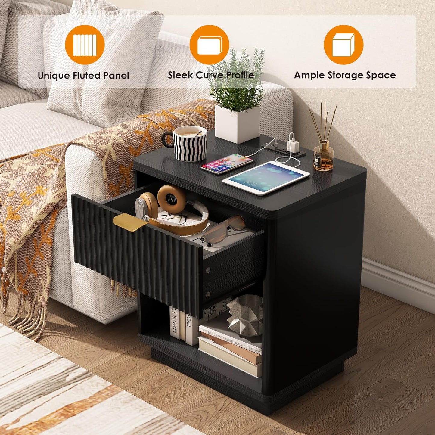 Fluted Nightstand Charging Station,Wood Modern Night Stands Storage Cabinet for Bedroom, Black Bedside Table with Drawers