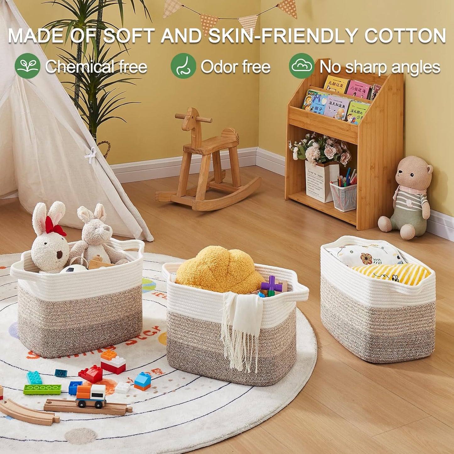 Storage Basket, Woven Baskets for Storage, Cotton Rope Basket for Toys,Towel Baskets for Bathroom - Pack of 3, Gradient Yellow