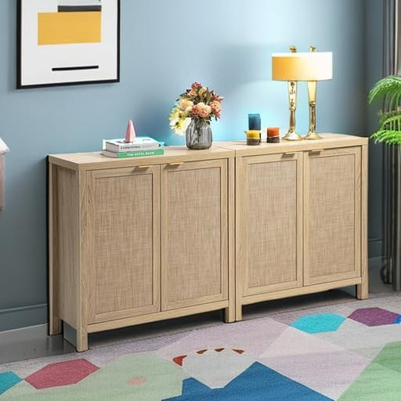 Rattan Sideboard Buffet Cabinet with Large Storage : Boho Credenza Coffee Bar Cabinet with Adjustable Shelves, Farmhouse Console Table for Kitchen, Living Room, Entryway, Natural, 2 Pieces
